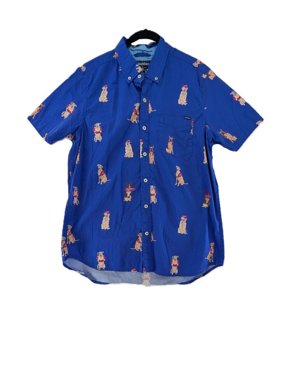 Chubbies Shirt Mens Size Medium Button Blue Lifeguard Dogs Cotton Stretch Rescue